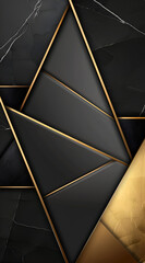 A black and gold design with a gold border. The design is made up of triangles and squares. Generative AI