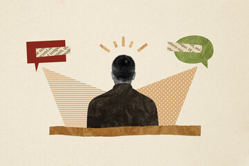 Creative collage picture mature man sitting textbox reply chatting conversation communication...