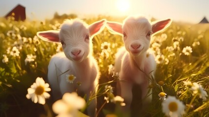 Cute little lambs in meadow with daisies at sunset