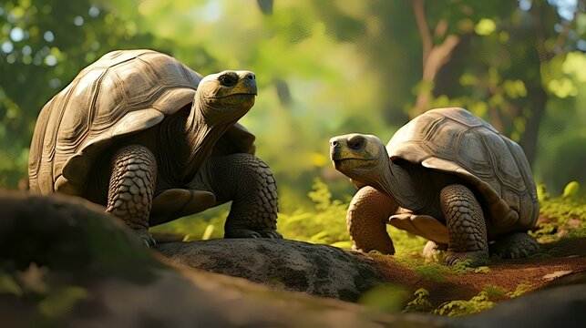 Two giant tortoises in the forest. 3d illustration.