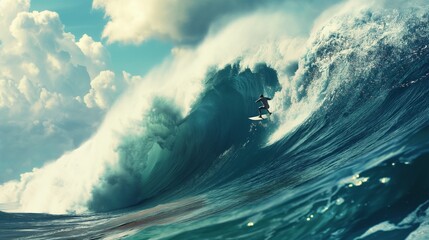 A surfing competition with surfers riding large ocean waves.