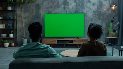 Two People Watching a TV with Green Screen in a Modern Living Room. Ideal for Mockups. Cozy Home Setting. AI