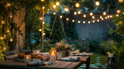 A table set for an outdoor garden party with string lights above.
