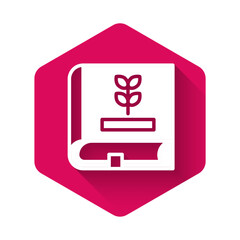 White Book about seeds icon isolated with long shadow background. Pink hexagon button. Vector