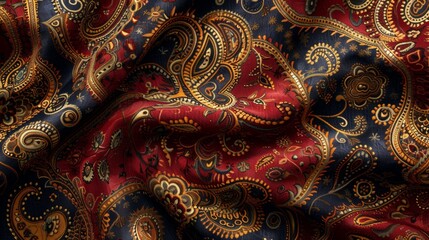 A swatch of fabric with a traditional paisley pattern in rich jewel tones.