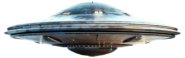 Highly detailed futuristic spaceship hovering on a white background