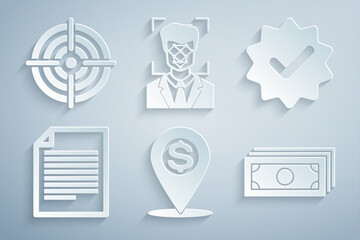Set Cash location pin, Approved and check mark, Document, Stacks paper money cash, Face recognition and Target sport icon. Vector