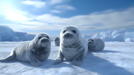 seals on the ice floe, 3d render, blue sky