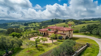 Naklejka premium Vineyard estate with rolling hills and a winery.