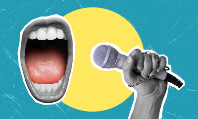 Contemporary art collage featuring a microphone and a screaming mouth.