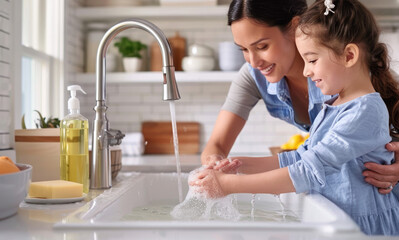 a happy mother and daughter washing hands in the kitchen, wearing light blue against a white background