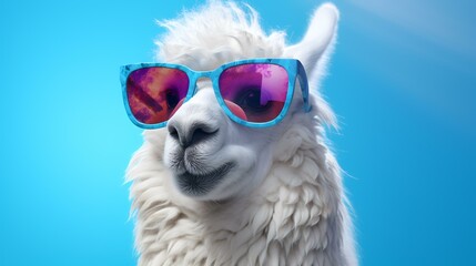 Funny alpaca with sunglasses on blue background. 3d rendering