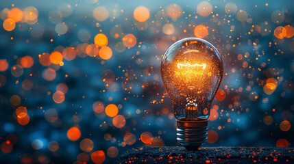 lluminated bulb with sparks.Glowing Light Bulb Radiating Energy Amidst a Shower of Golden Sparks and Blue Hues.