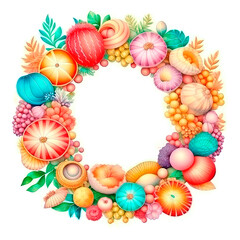 A round frame of tropical shells and flowers on a white background is isolated.
