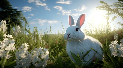 White rabbit sitting in the grass with blue sky and white flowers.