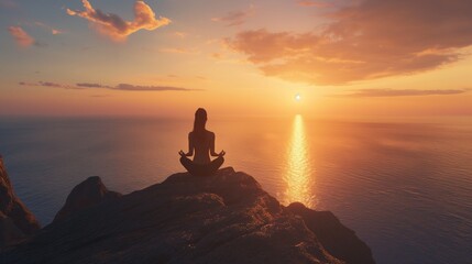 A woman meditating at sunrise on a cliff overlooking the ocean.