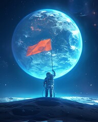 Playful astronaut monkey holding a flag on a moonlike surface, with a distant view of Earth rising above the horizon in a dark space , 3D render animation style