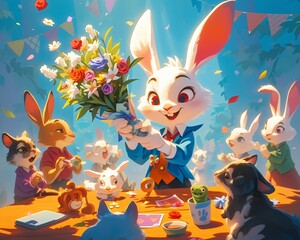 Playful magician rabbit making a bouquet of flowers magically appear, entertaining a group of delighted animal spectators in a whimsical setting , professional color grading