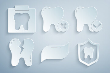 Set Toothpaste, whitening concept, Broken tooth, Dental protection, with caries and X-ray of icon. Vector