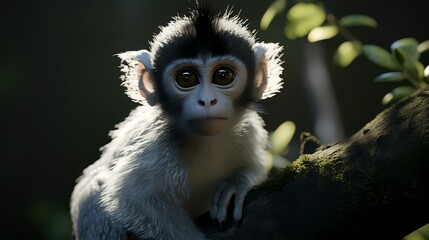 Portrait of a cute monkey sitting on a tree in the forest