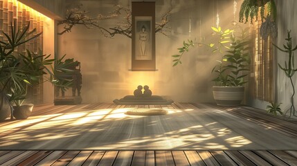 Zen meditation room with a yoga mat and calming decor.