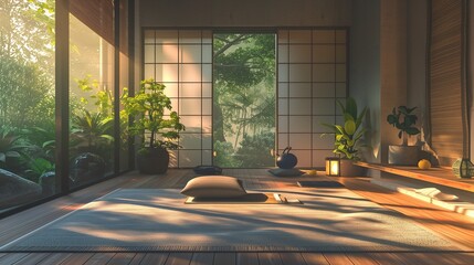 Fototapeta premium Zen meditation room with a yoga mat and calming decor.