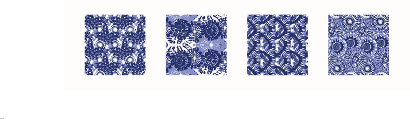 Indigo blue Japanese block print effect pattern set. Seamless hand made vector design for fabric batik background and faded fashion repeat collection