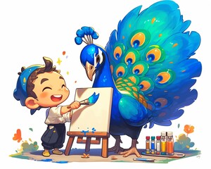 Creative peacock using its tail as a brush to sweep broad strokes on a giant canvas, in a park with onlookers admiring the live art session , chibi style, flat vector icon style character illustration
