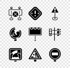 Set Road barrier, Exclamation mark in triangle, Drawbridge ahead, Warning road sign, Stop, traffic and Billboard with lights icon. Vector