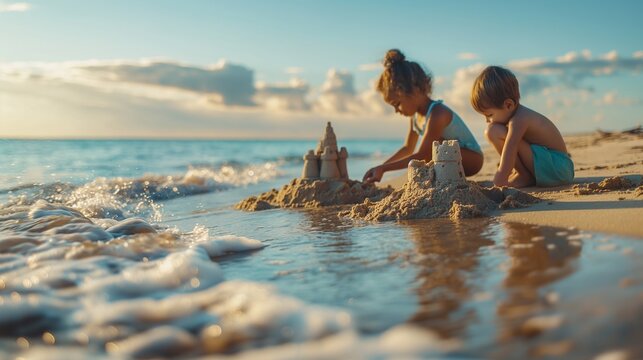 Children building sandcastles along the shoreline, waves gently lapping at their feet.