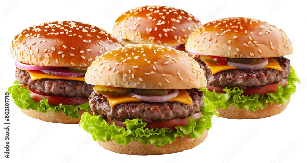 Canvas Prints Three delicious cheeseburgers with lettuce, tomato, onion, and cheese on sesame seed buns.