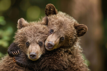 Two bear cubs cuddling in the wild