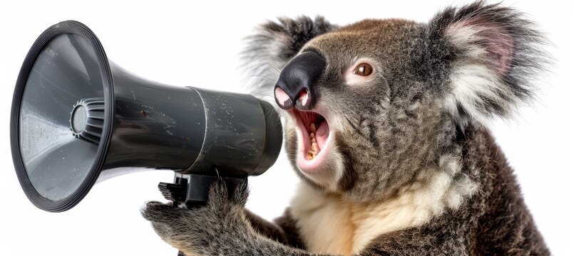 Koala bear using hand speaker for vital announcement and warning for notification