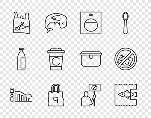 Set line Ecology infographic, Stop ocean plastic pollution, Battery pack, Shopping bag with recycle, Dead bird,, Paper glass, Nature saving protest and No trash icon. Vector