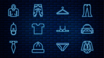 Set line Blazer or jacket, Sport bag, Hanger wardrobe, T-shirt, Police cap with cockade, Hoodie, Bra and Camouflage cargo pants icon. Vector
