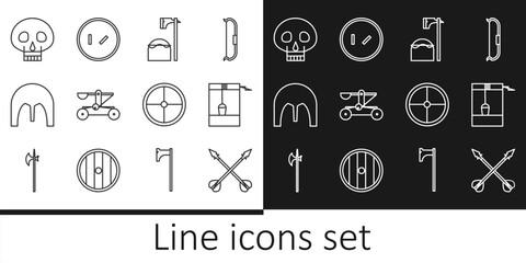 Set line Medieval crossed arrows, Well with bucket, Executioner axe in tree block, Catapult shooting stones, iron helmet, Skull, Round wooden shield and icon. Vector
