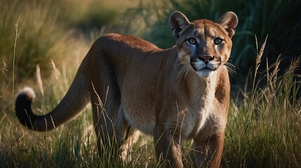 Naklejka premium majestic female cougar on the hunt for some prey in high grass