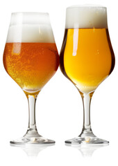 Two elegant glasses filled with beer, showcasing different shades of amber liquid and frothy tops.