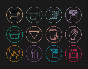 Set line Coffee machine, Barista, Electric kettle, paper filter, cup to go, V60 coffee maker, and icon. Vector