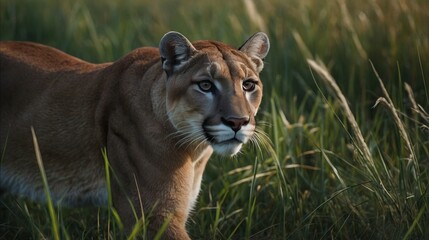 majestic female cougar on the hunt for some prey in high grass