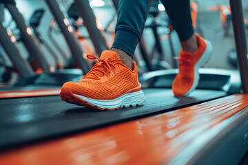 Close-up of a woman's legs on a treadmill in the gym, running on a treadmill in the gym. Healthy lifestyle concept.