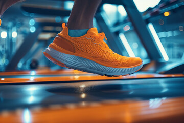 Сlose up of shoes. Running workout in the gym. Close-up of a man's legs on the exercise machine.