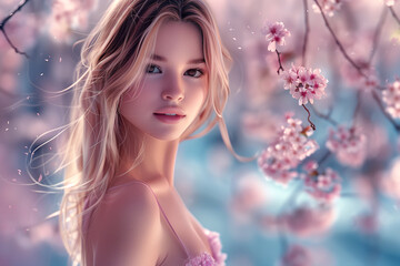 Fototapeta premium A woman with long blonde hair is standing in front of a tree with pink flowers