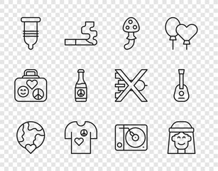 Set line The heart world - love, Hippie girl, Psilocybin mushroom, Peace t-shirt print stamp, Condom, Beer bottle, Vinyl player and Guitar icon. Vector