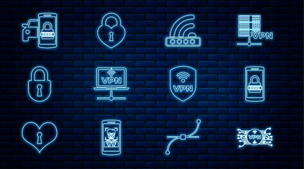 Set line VPN with microchip circuit, Mobile and password, Wifi locked, Computer network, Lock, Smart car security system, Shield wireless and Castle in the shape of heart icon. Vector