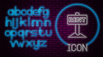 Glowing neon line Hanging sign with text Rent icon isolated on brick wall background. Signboard with text For Rent. Neon light alphabet. Vector