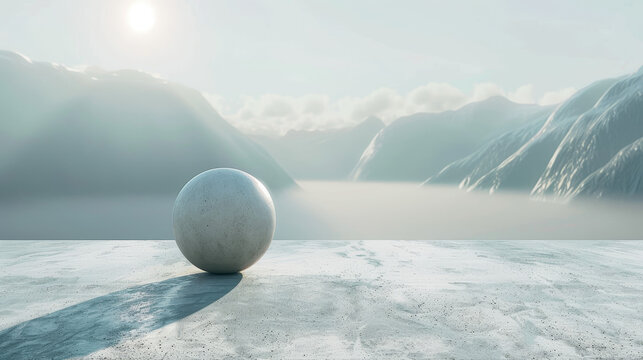 A white ball is sitting on a snowy surface in front of a mountain range