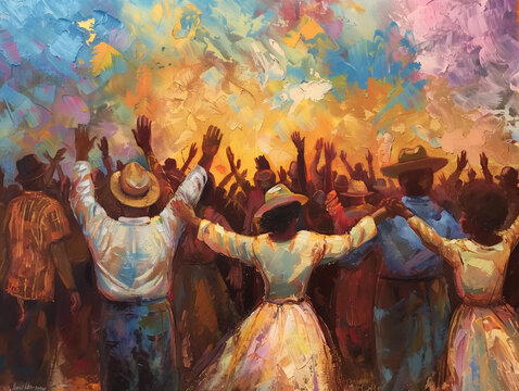 A painting of a group of people holding hands and praying