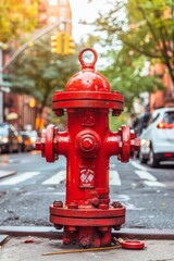 Fototapeta premium Vintage red fire hydrant on city street for critical emergency fire department access