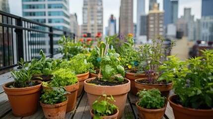 Container gardening on a city rooftop with rows of pots filled with a variety of vegetables and herbs.